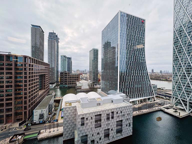 a photograph of buildings at Canary Wharf in London